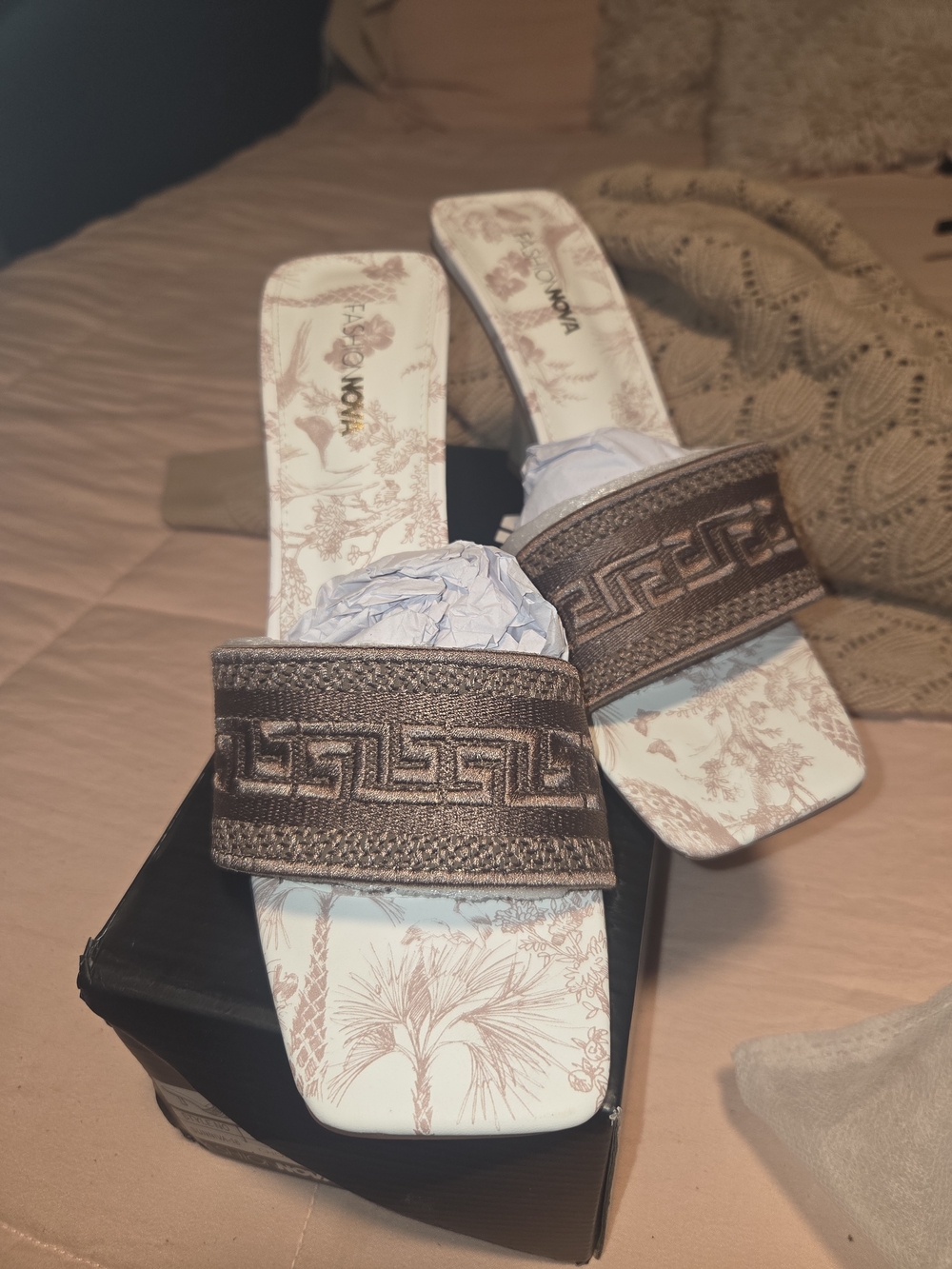 Fashion Nova Brown Embroidered Slide Mules